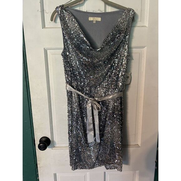 Aidan Mattox Dresses & Skirts - Aidan Mattox Women's Sequin Cowl Neck Dress W/ Satin Belt Size 12 Silver New Wit